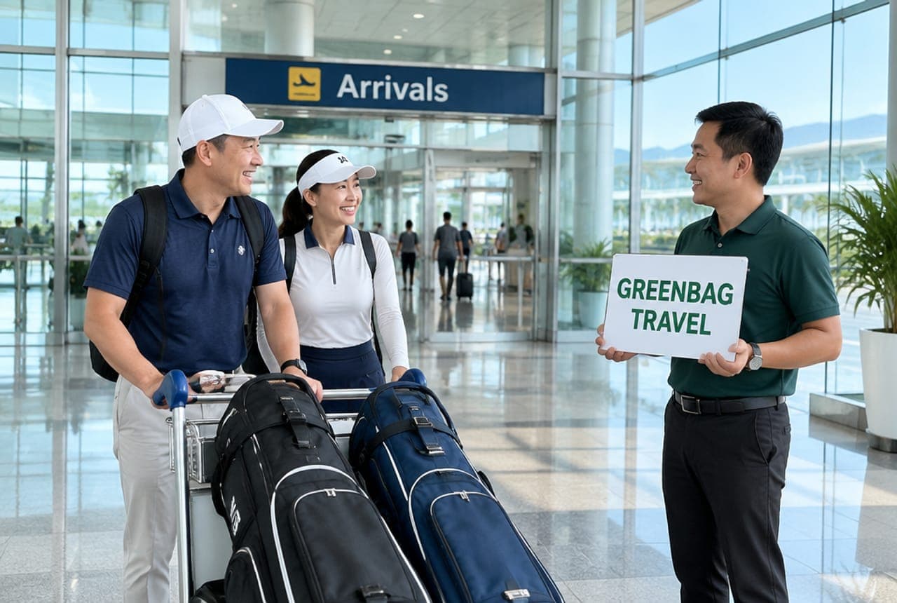 다낭 국제공항 도착 출구에서 GREENBAG TRAVEL 피켓을 든 기사님을 만나는 장면(연출 이미지)