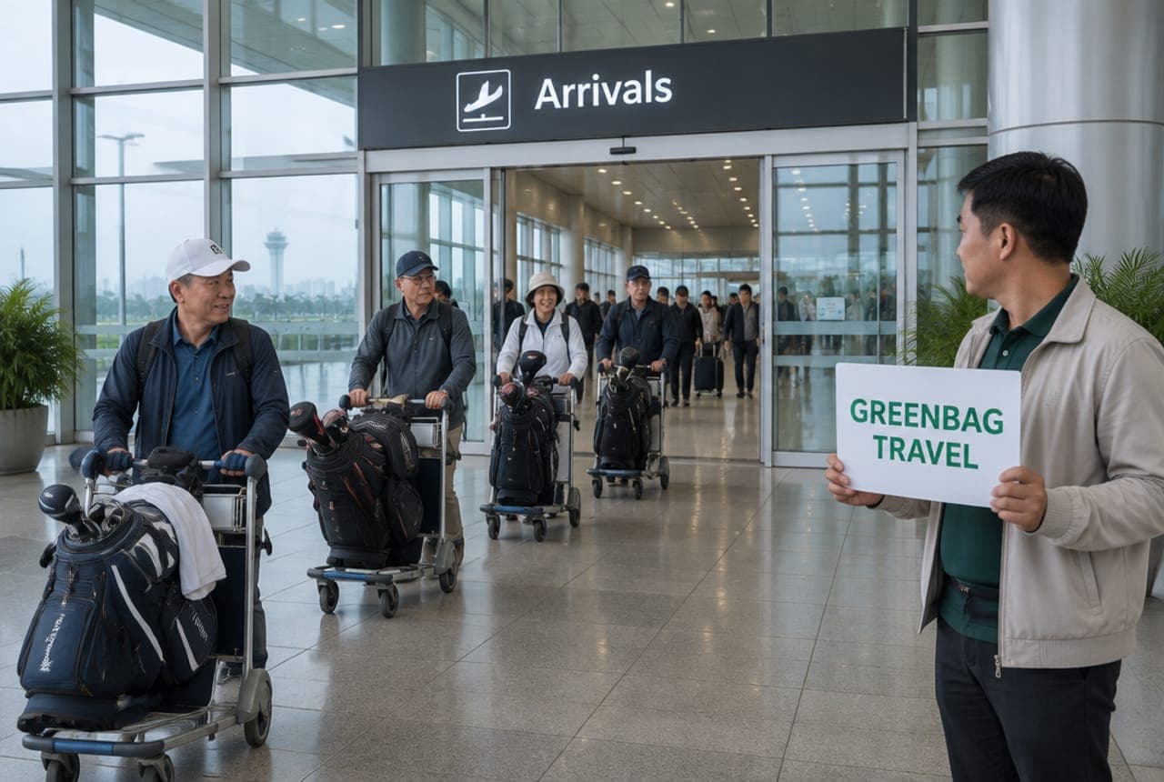 노이바이 국제공항 도착 출구에서 GREENBAG TRAVEL 피켓을 든 기사님을 만나는 장면(연출 이미지)