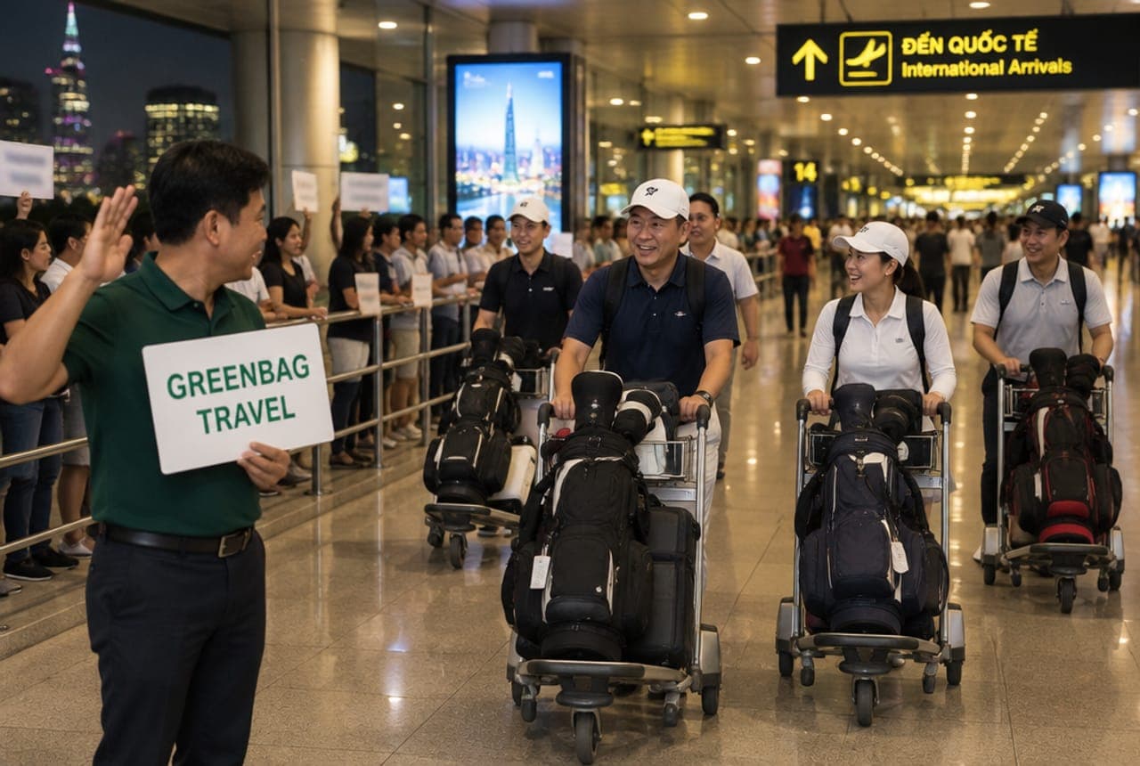 떤선녓 국제공항 도착 출구에서 GREENBAG TRAVEL 피켓을 든 기사님을 만나는 장면(연출 이미지)