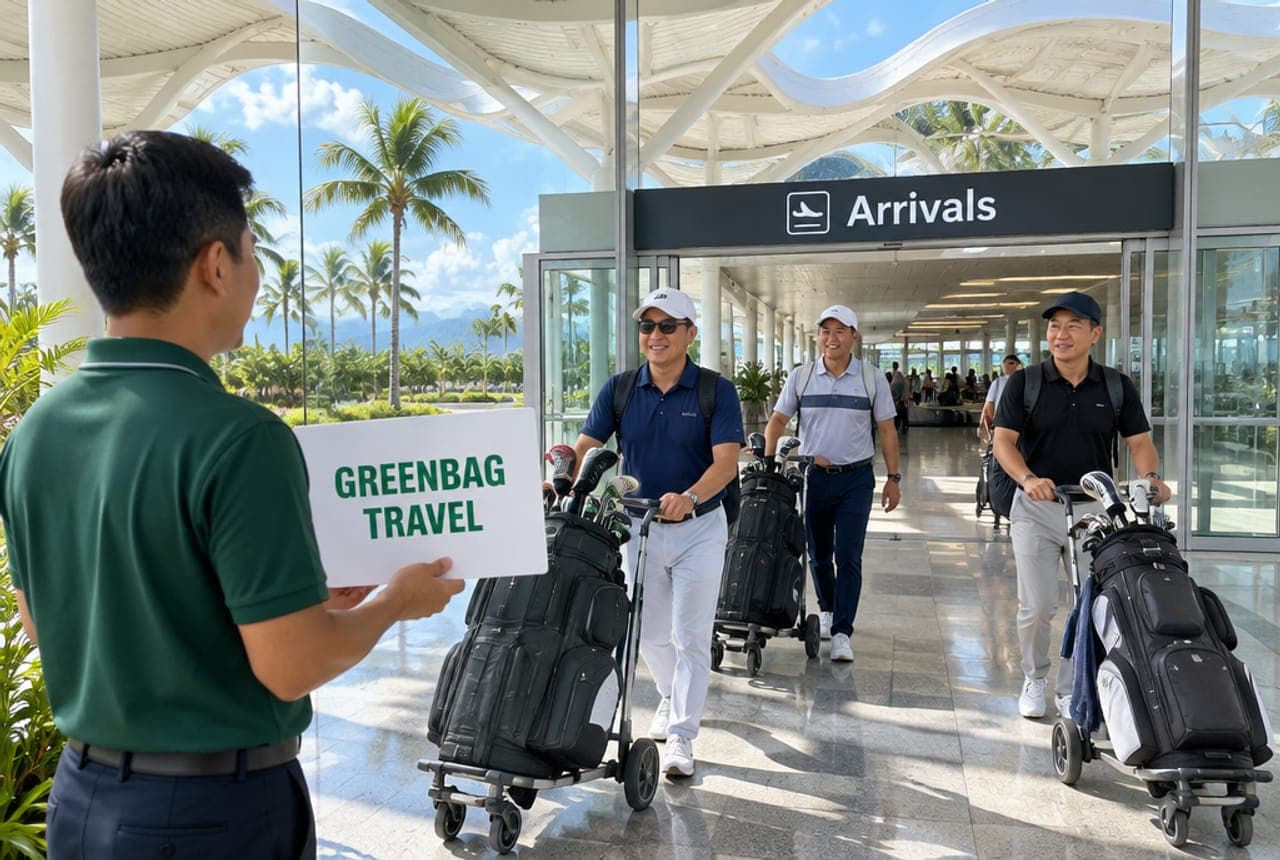 깜란 국제공항 도착 출구에서 GREENBAG TRAVEL 피켓을 든 기사님을 만나는 장면(연출 이미지)