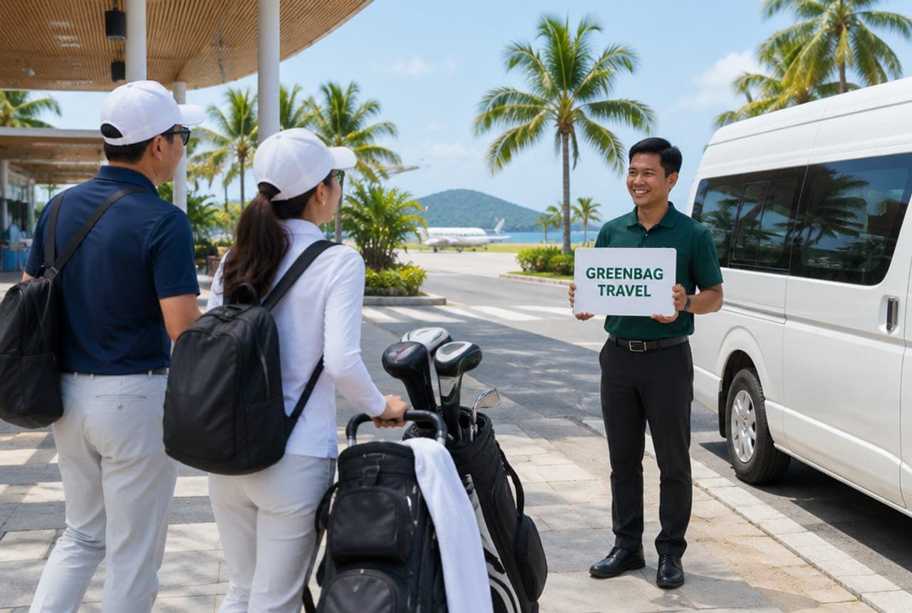 푸꾸옥 국제공항 도착 출구에서 GREENBAG TRAVEL 피켓을 든 기사님을 만나는 장면(연출 이미지)
